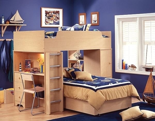 Giường tầng kết hợp bàn học và hai giường ngủ thích hợp với gia đình nhiều conPicture